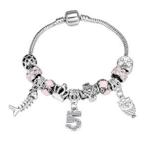 Pink Crystal Charm Silver Beaded Bracelets