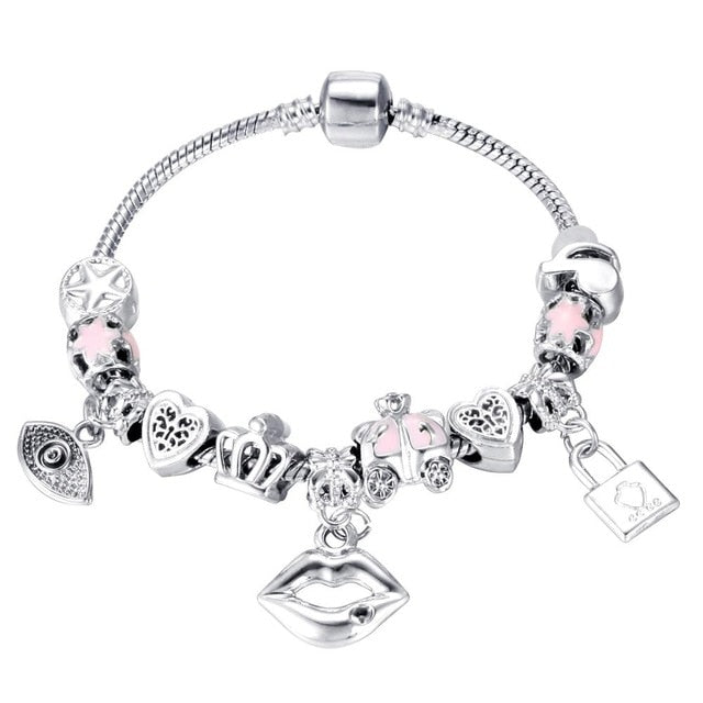 Pink Crystal Charm Silver Beaded Bracelets