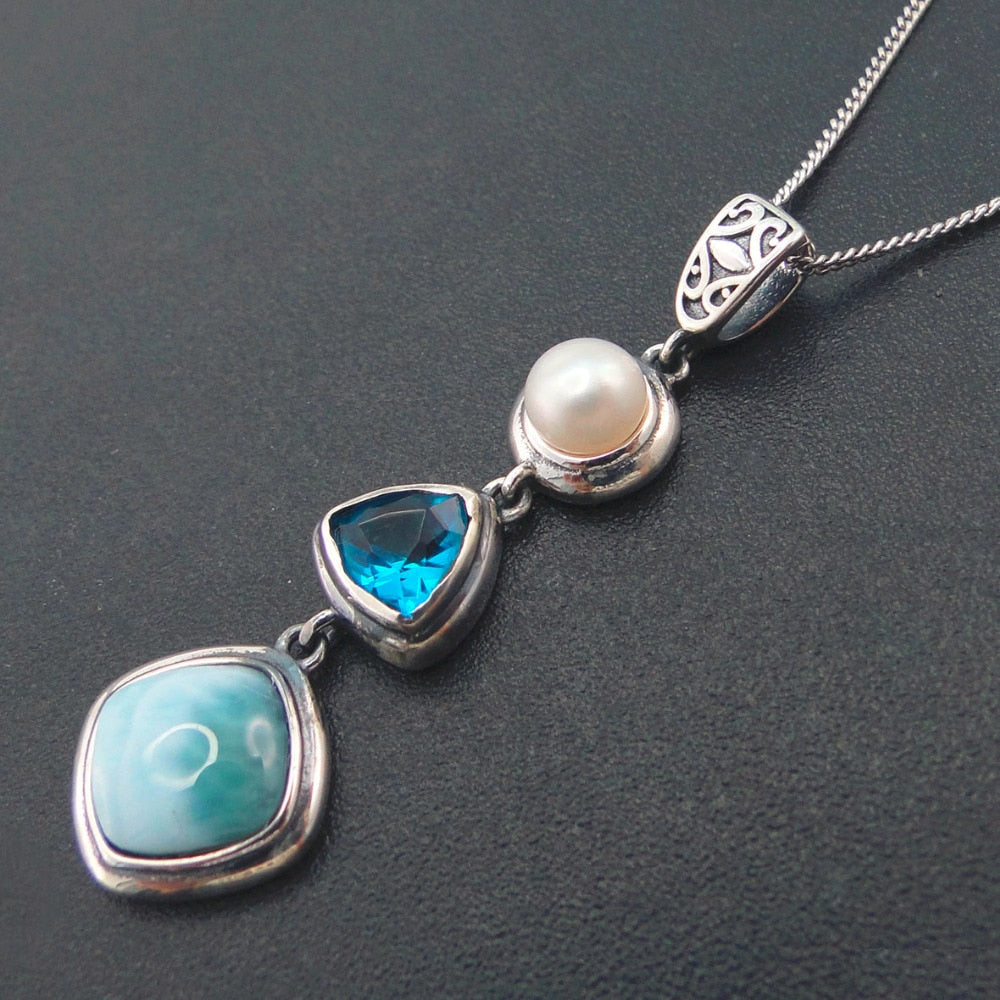 Handmade 925 Sterling Silver Caribbean Larimar& Pearl Pendant