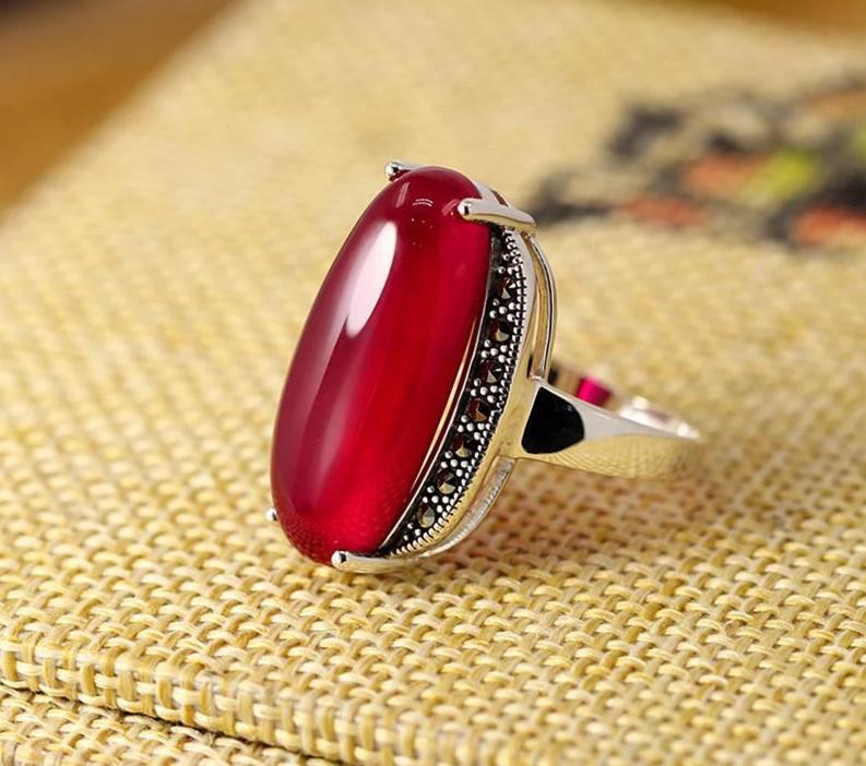 Agate/Ruby 925 Sterling Silver Vintage Maxi Fine Jewelry Ring