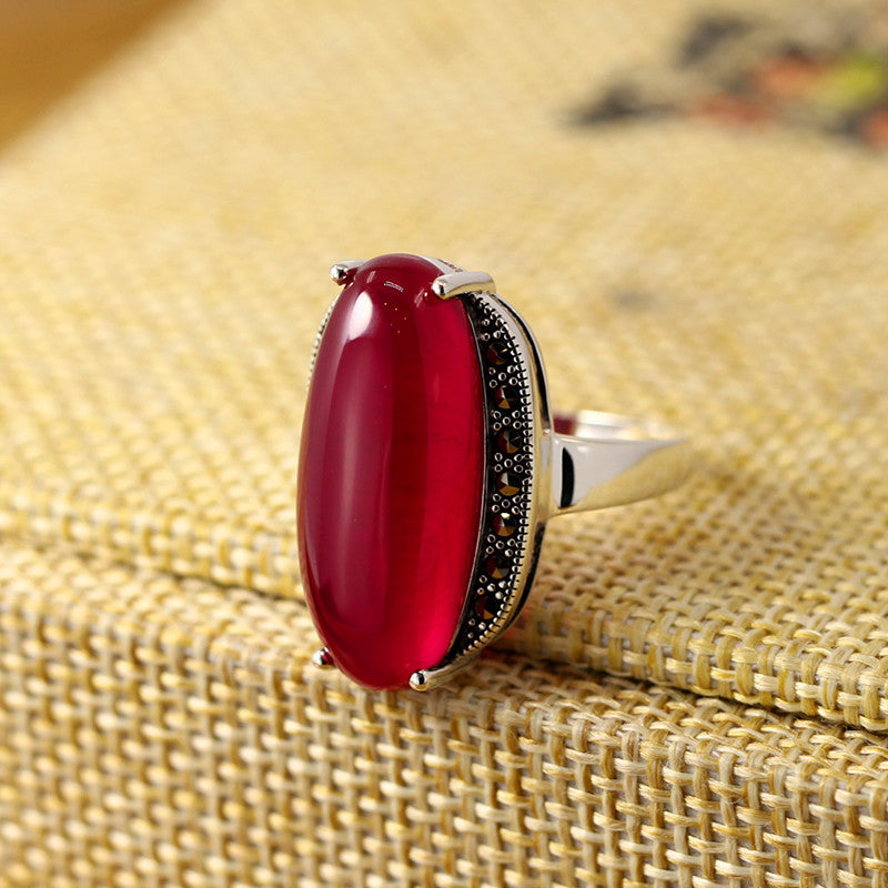 Agate/Ruby 925 Sterling Silver Vintage Maxi Fine Jewelry Ring