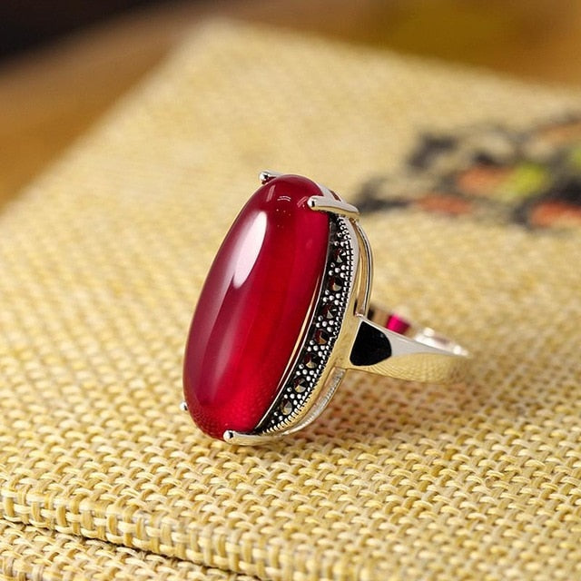 Agate/Ruby 925 Sterling Silver Vintage Maxi Fine Jewelry Ring