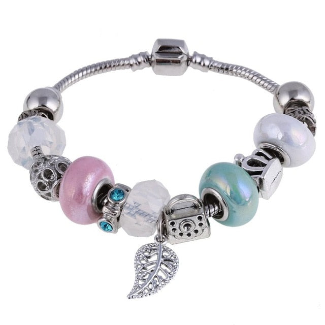 Pink Crystal Charm Silver Beaded Bracelets