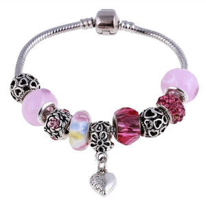 Pink Crystal Charm Silver Beaded Bracelets