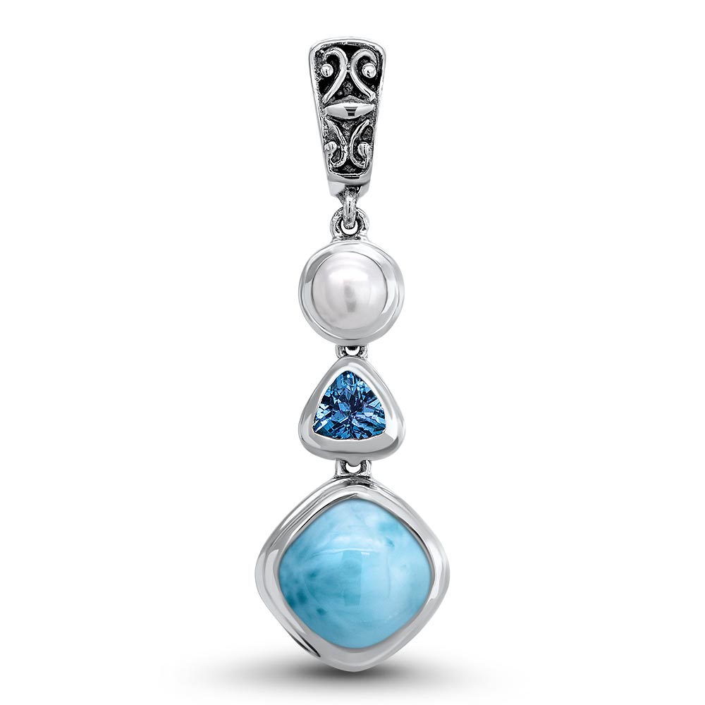 Handmade 925 Sterling Silver Caribbean Larimar& Pearl Pendant