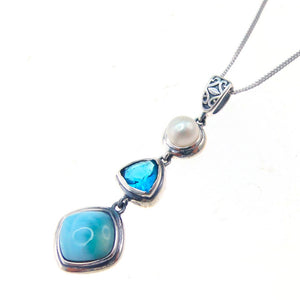 Handmade 925 Sterling Silver Caribbean Larimar& Pearl Pendant