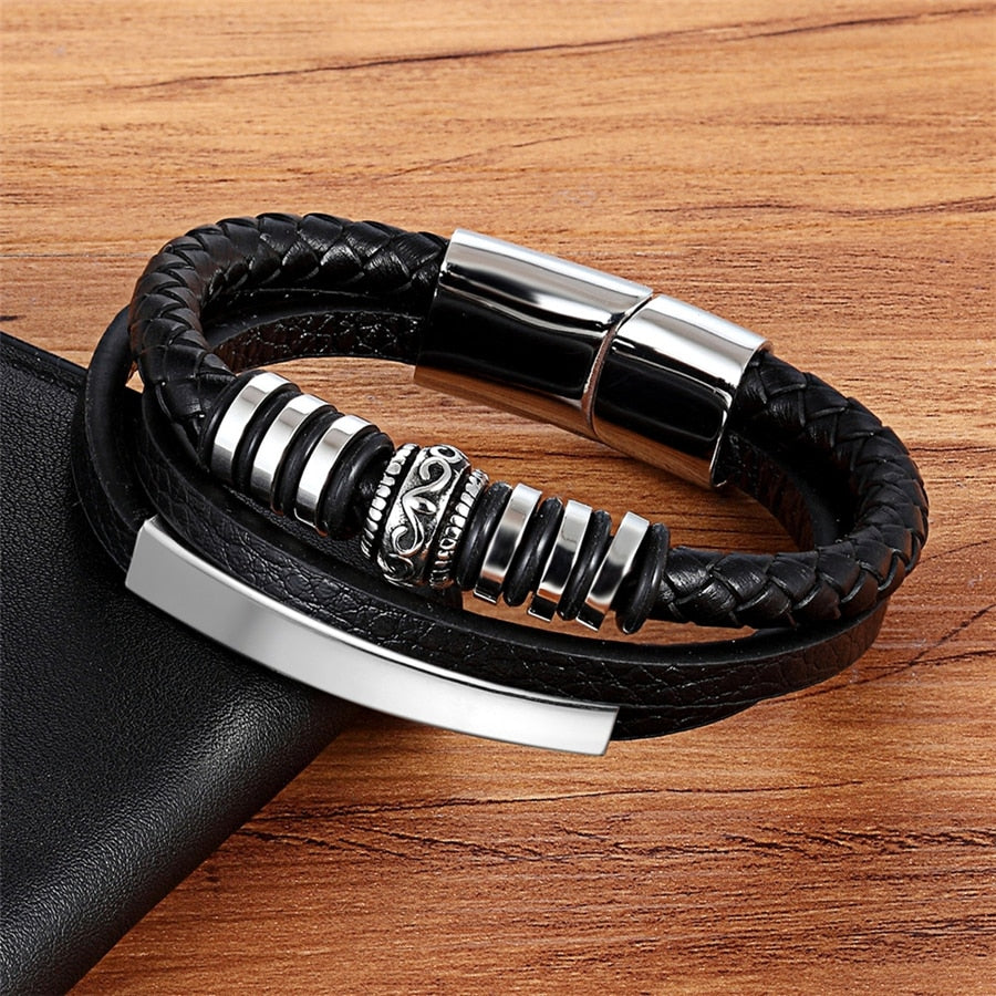 New Graphic Stainless Steel Genuine Leather Bracelet