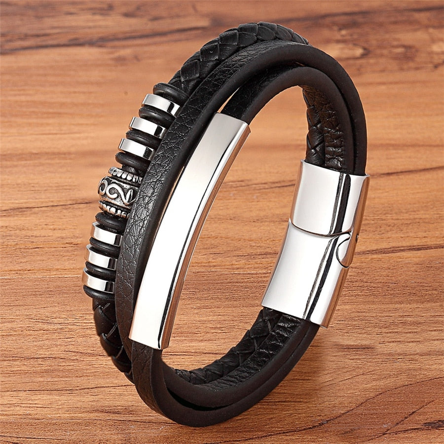 New Graphic Stainless Steel Genuine Leather Bracelet