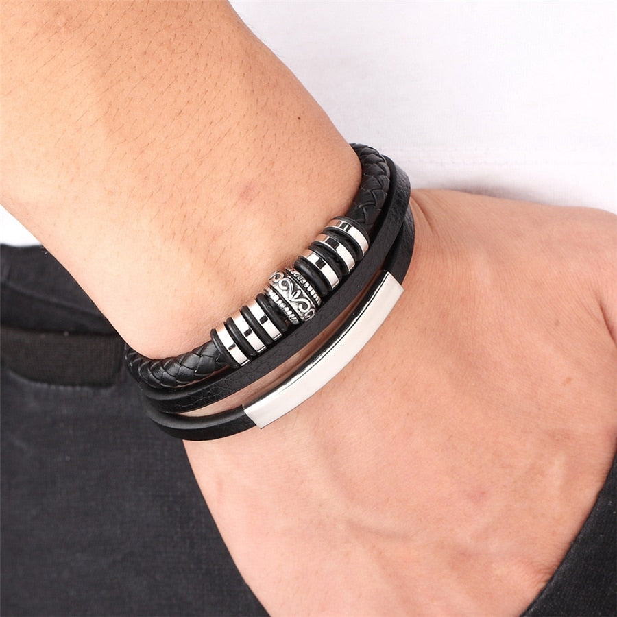 New Graphic Stainless Steel Genuine Leather Bracelet