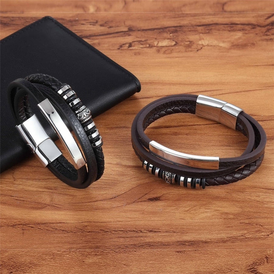 New Graphic Stainless Steel Genuine Leather Bracelet