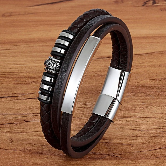 New Graphic Stainless Steel Genuine Leather Bracelet