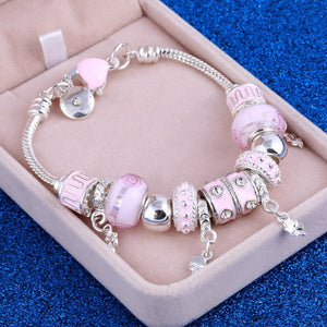 Pink Crystal Charm Silver Beaded Bracelets